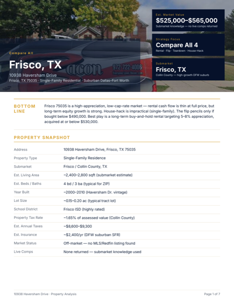 Report page 1 — hero, bottom line, and property snapshot