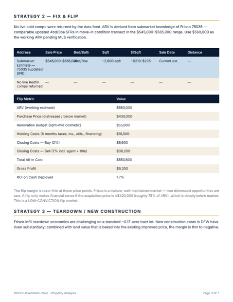 Report page 3 — comparable sales and fix & flip P&L